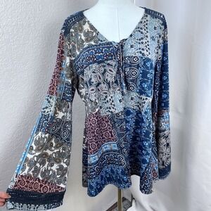 Y2K Patchwork Top Womens L  Paisley Bell Sleeve Boho Hippie Whimsigoth Festival